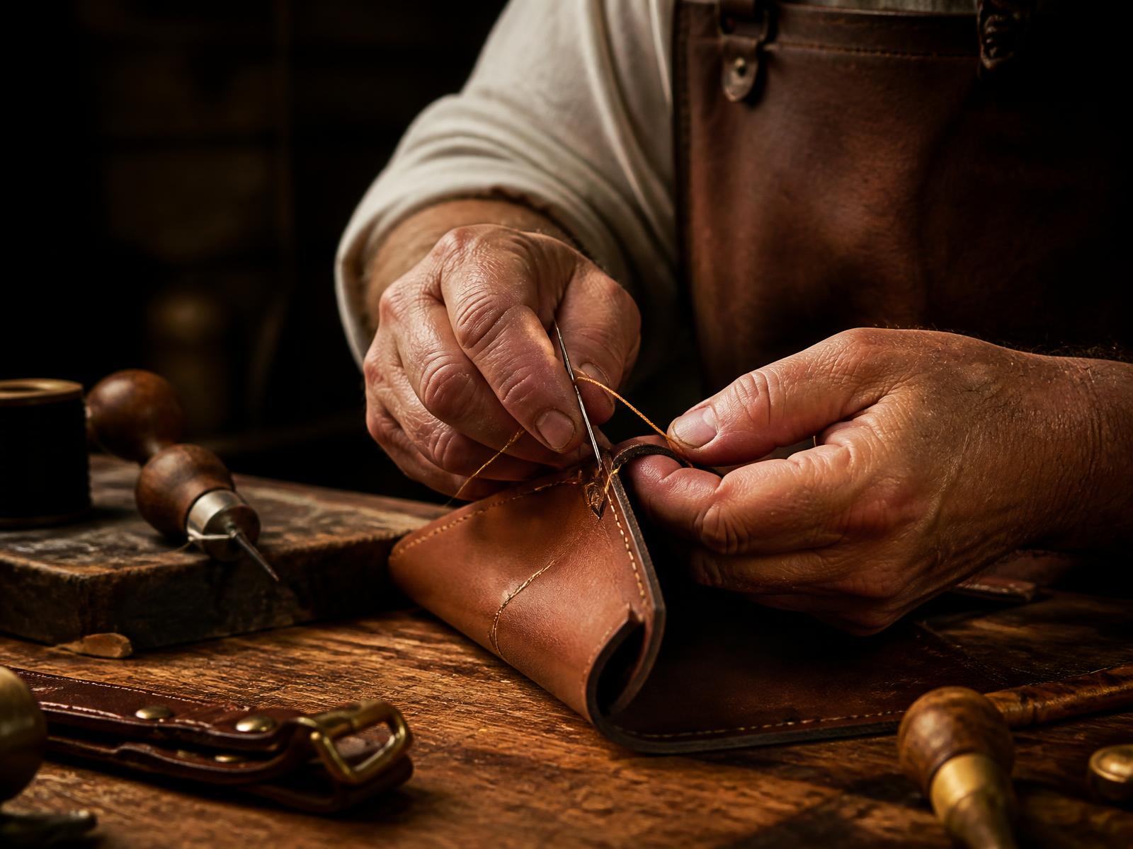 Artisan hand-stitching a leather good at a workbench