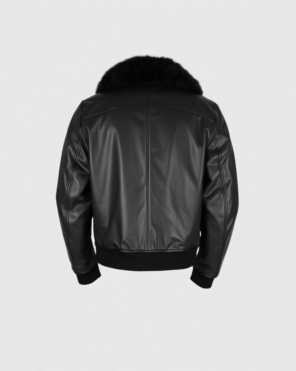 Black leather aviator jacket with shearling collar, back view