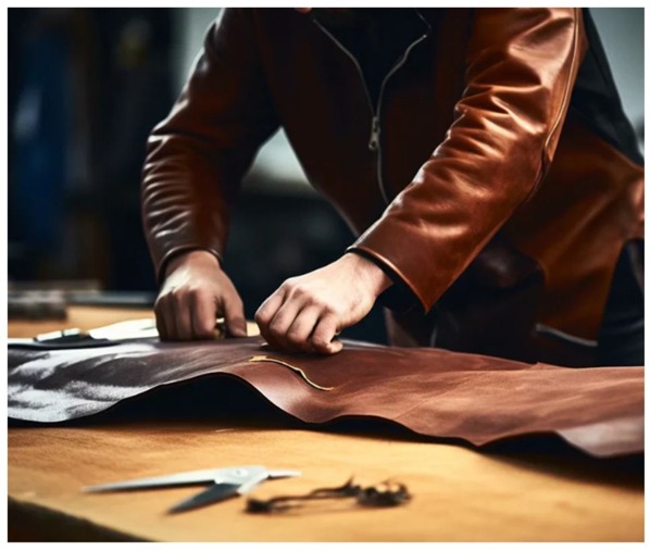 Artisan cutting a leather hide by hand at the atelier bench