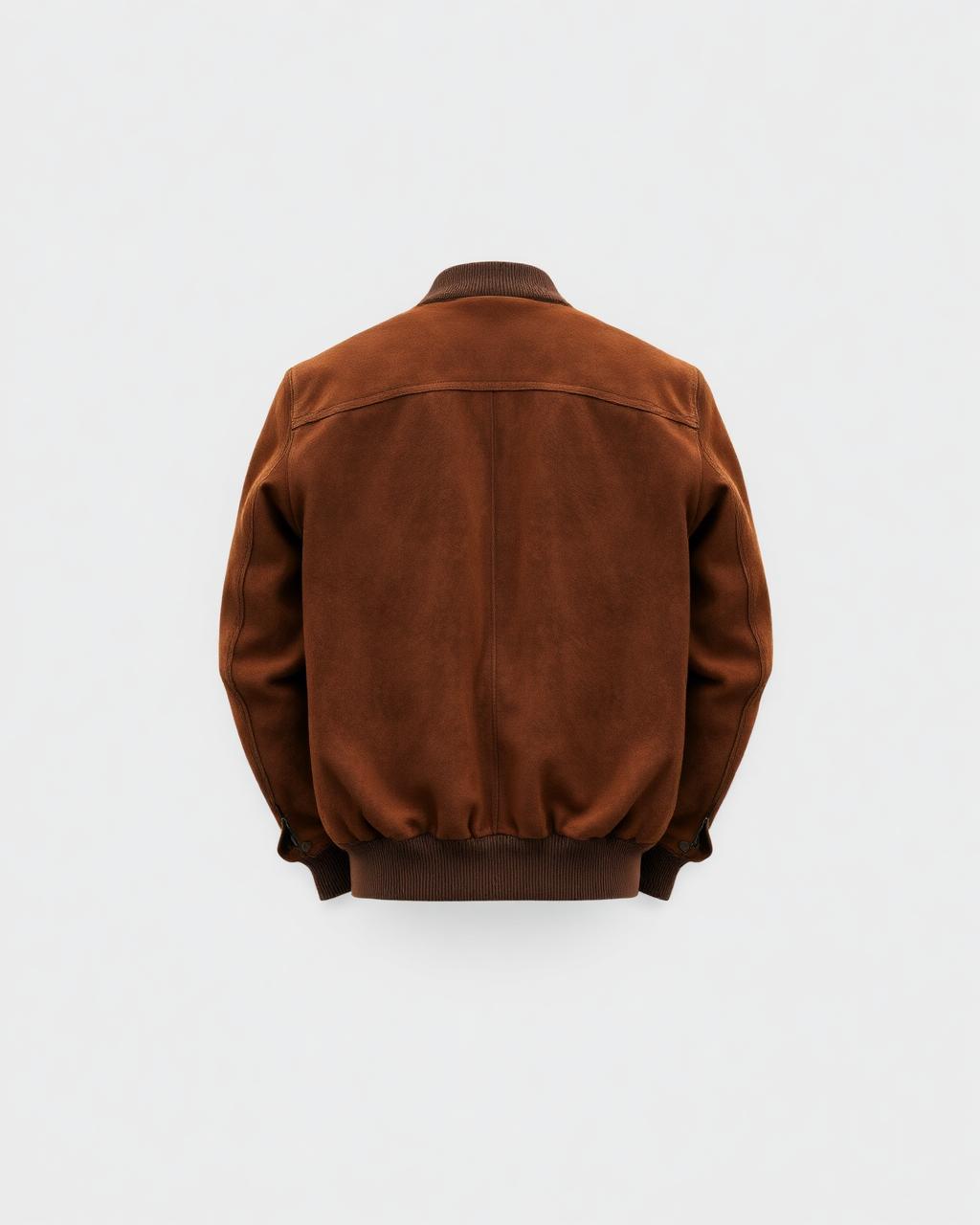 Tobacco suede bomber jacket, back view
