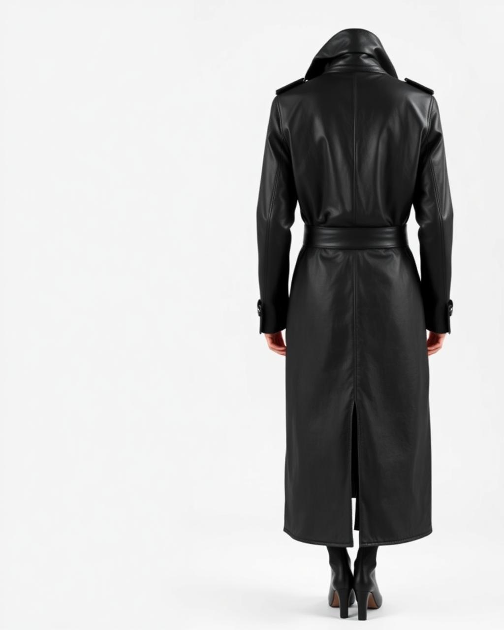 Long black leather trench coat, back view