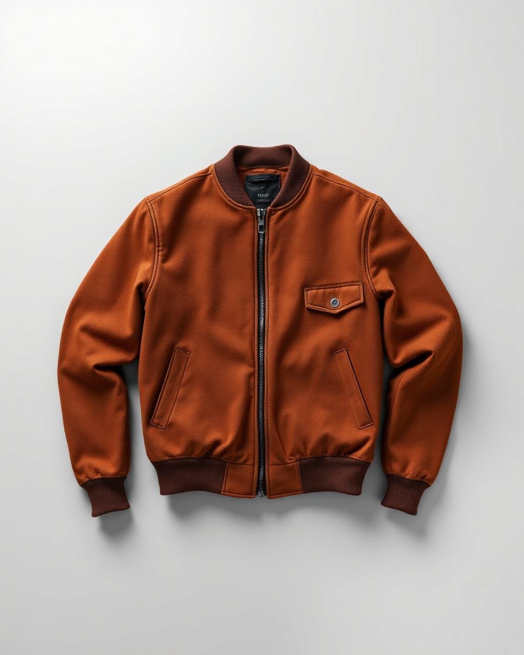 Tobacco suede bomber jacket, front view