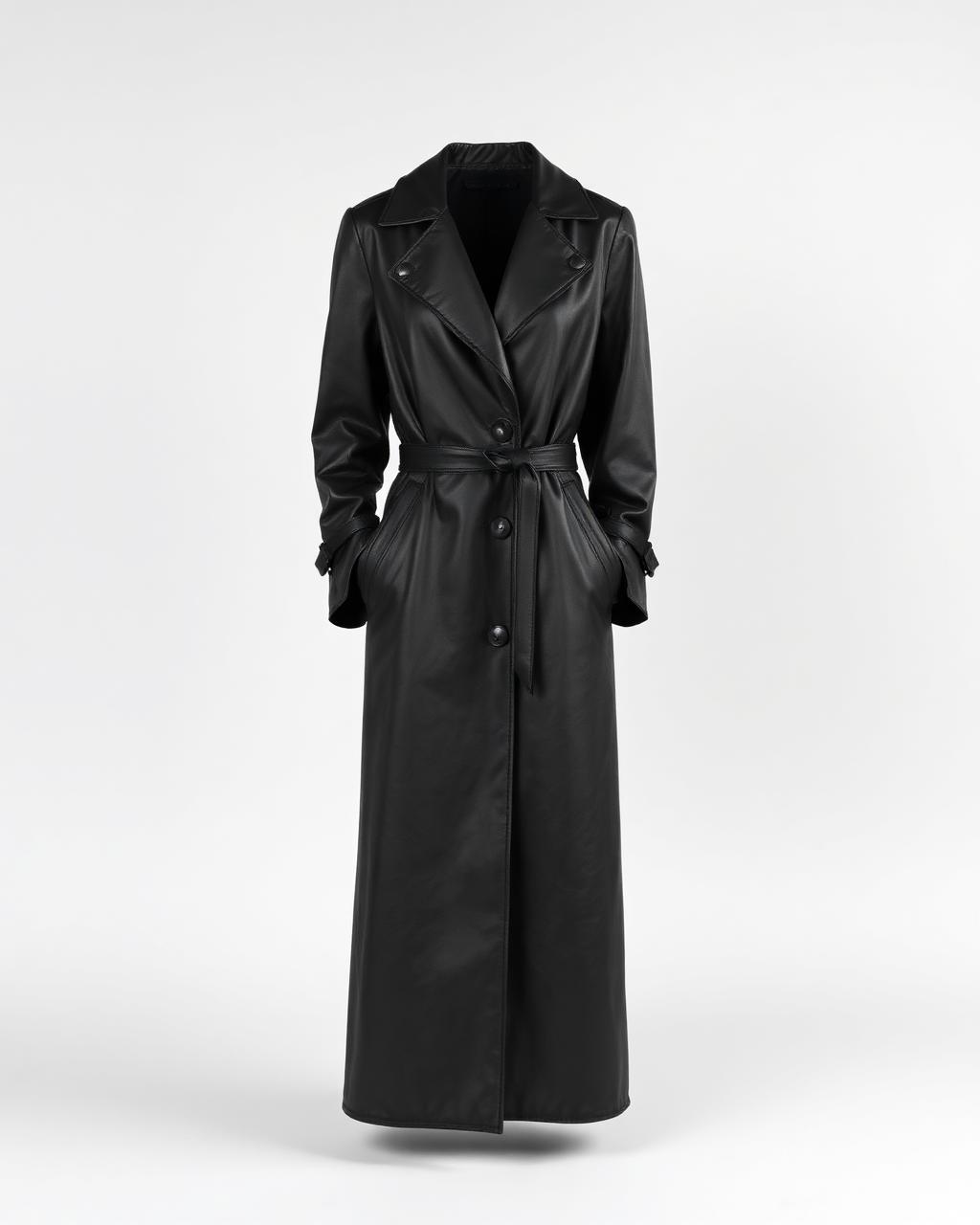Long black leather trench coat, front view