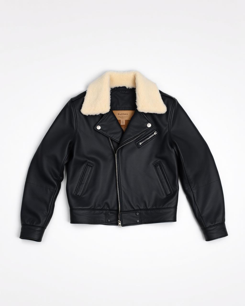 Black leather aviator jacket with shearling collar, front view