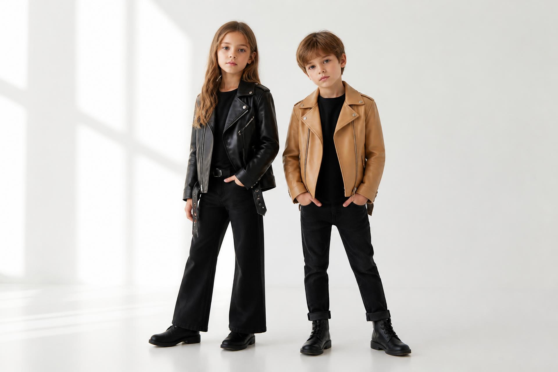 Two children wearing black and tan leather biker jackets in a bright studio