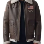Olympics 2026 Team USA Brown Leather Pilot Jacket